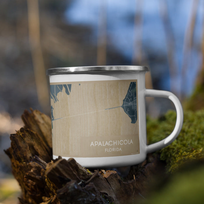 Right View Custom Apalachicola Florida Map Enamel Mug in Afternoon on Grass With Trees in Background
