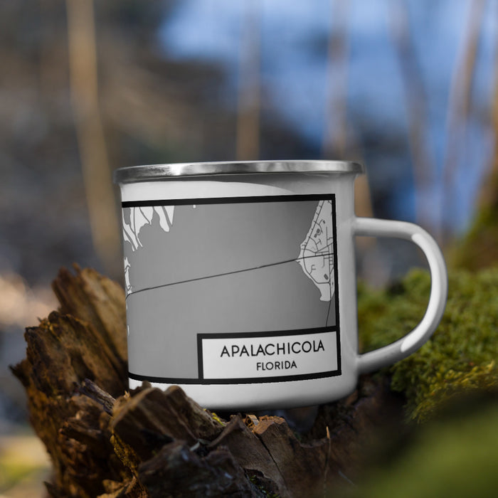 Right View Custom Apalachicola Florida Map Enamel Mug in Classic on Grass With Trees in Background