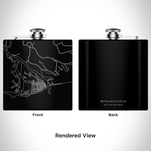 Rendered View of Apalachicola Florida Map Engraving on 6oz Stainless Steel Flask in Black