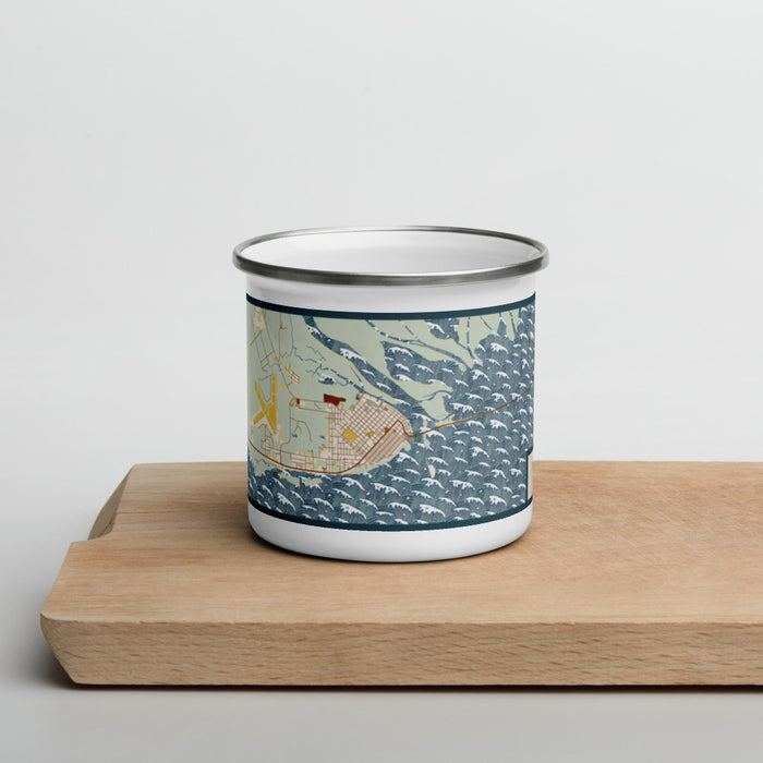Front View Custom Apalachicola Florida Map Enamel Mug in Woodblock on Cutting Board
