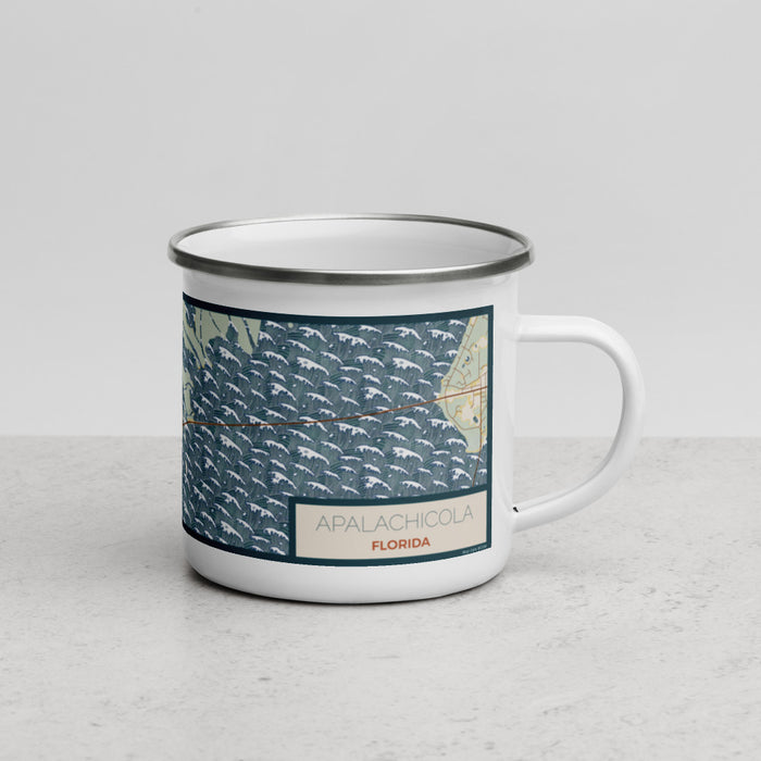 Right View Custom Apalachicola Florida Map Enamel Mug in Woodblock