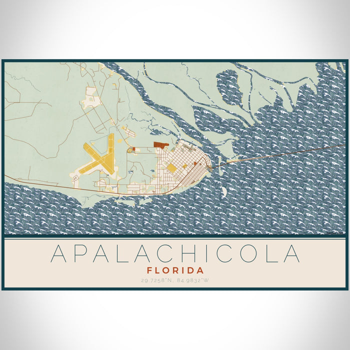 Apalachicola Florida Map Print Landscape Orientation in Woodblock Style With Shaded Background
