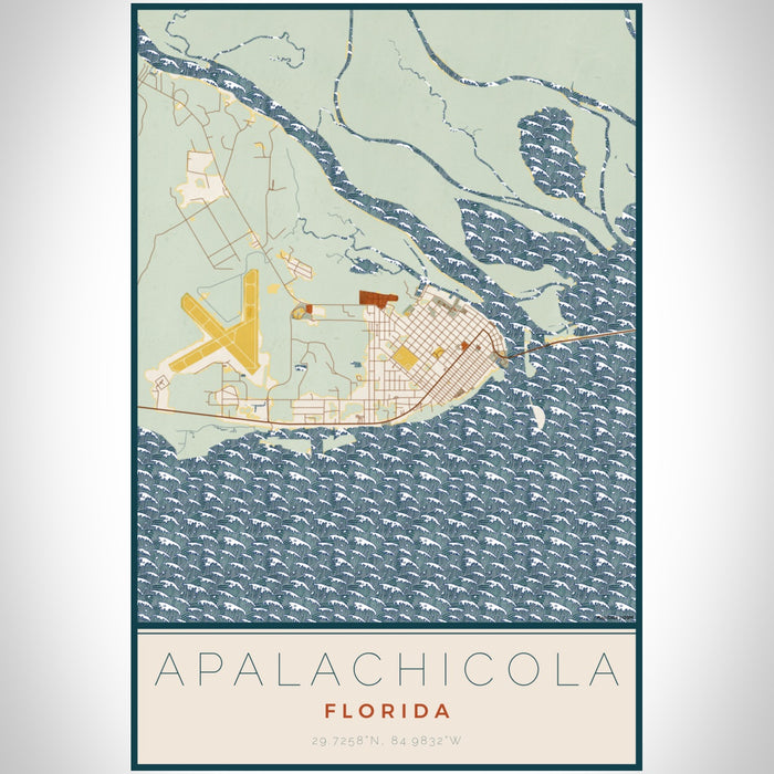 Apalachicola Florida Map Print Portrait Orientation in Woodblock Style With Shaded Background