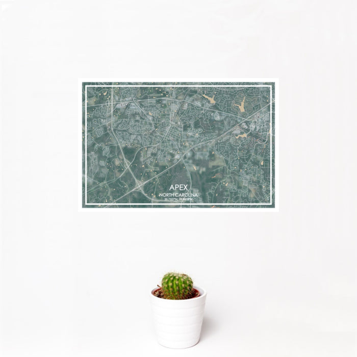 12x18 Apex North Carolina Map Print Landscape Orientation in Afternoon Style With Small Cactus Plant in White Planter