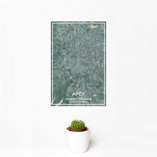 12x18 Apex North Carolina Map Print Portrait Orientation in Afternoon Style With Small Cactus Plant in White Planter