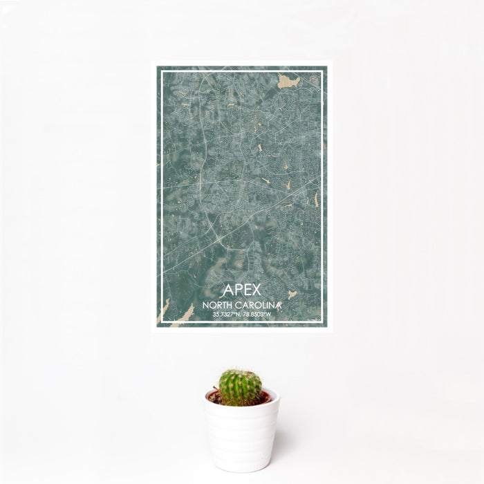 12x18 Apex North Carolina Map Print Portrait Orientation in Afternoon Style With Small Cactus Plant in White Planter