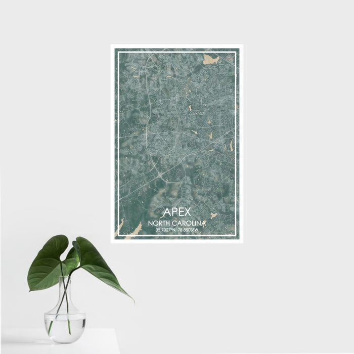 16x24 Apex North Carolina Map Print Portrait Orientation in Afternoon Style With Tropical Plant Leaves in Water