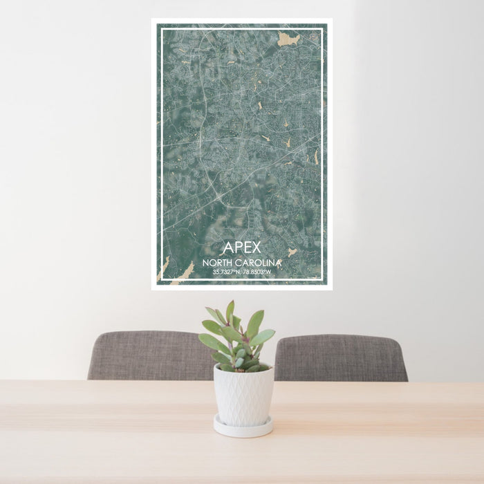 24x36 Apex North Carolina Map Print Portrait Orientation in Afternoon Style Behind 2 Chairs Table and Potted Plant