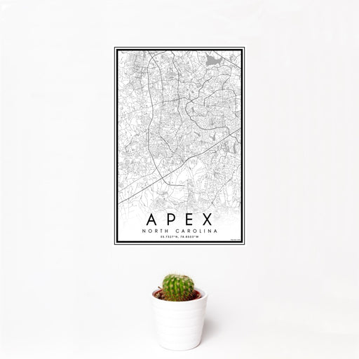 12x18 Apex North Carolina Map Print Portrait Orientation in Classic Style With Small Cactus Plant in White Planter