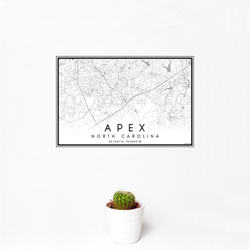 12x18 Apex North Carolina Map Print Landscape Orientation in Classic Style With Small Cactus Plant in White Planter