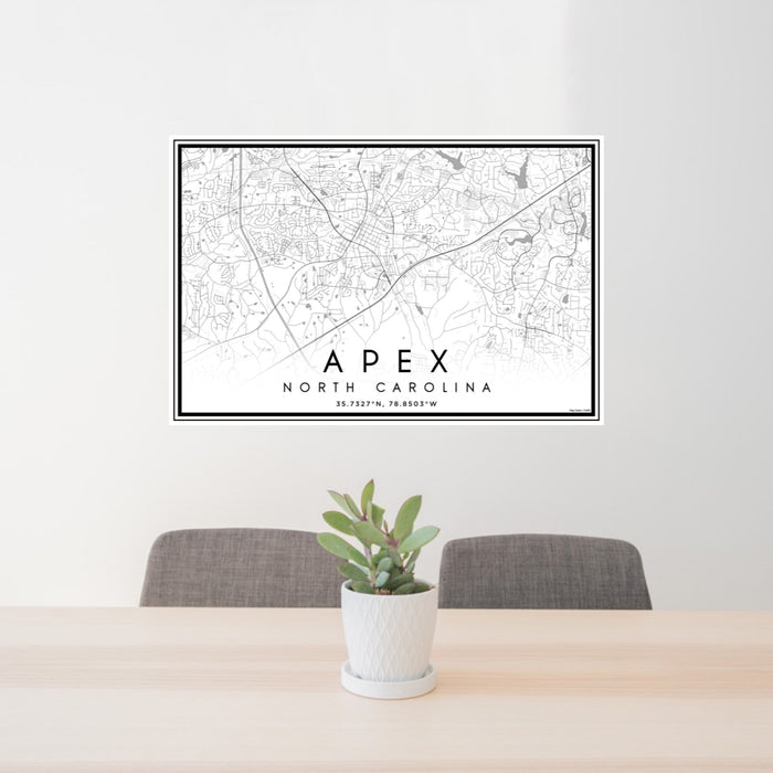 24x36 Apex North Carolina Map Print Landscape Orientation in Classic Style Behind 2 Chairs Table and Potted Plant