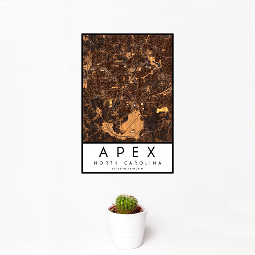12x18 Apex North Carolina Map Print Portrait Orientation in Ember Style With Small Cactus Plant in White Planter