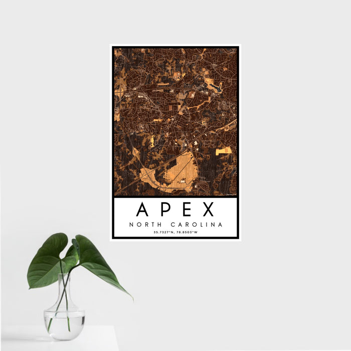 16x24 Apex North Carolina Map Print Portrait Orientation in Ember Style With Tropical Plant Leaves in Water