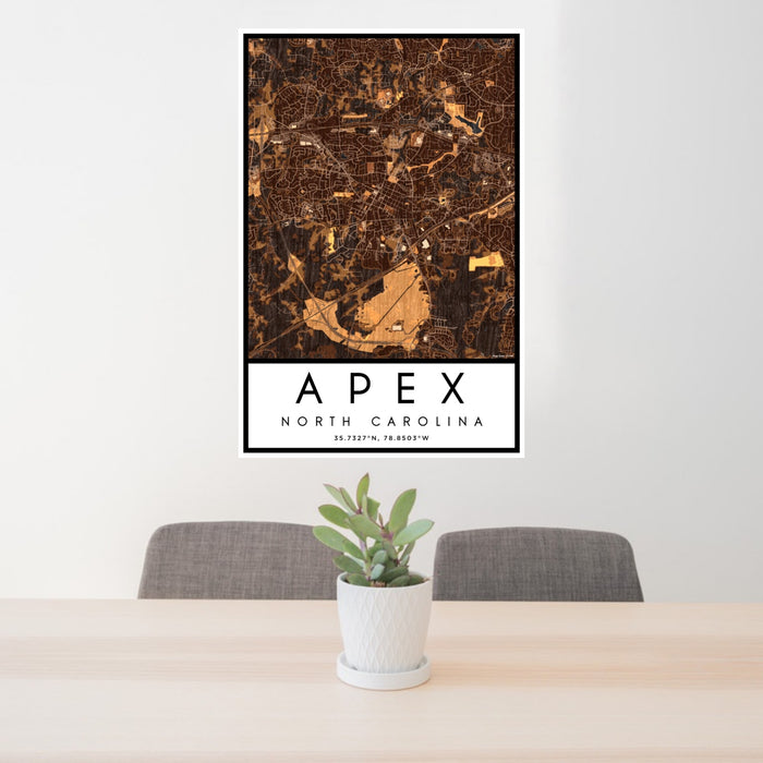 24x36 Apex North Carolina Map Print Portrait Orientation in Ember Style Behind 2 Chairs Table and Potted Plant