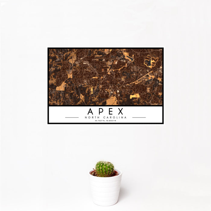 12x18 Apex North Carolina Map Print Landscape Orientation in Ember Style With Small Cactus Plant in White Planter