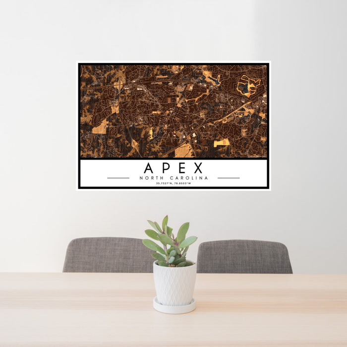 24x36 Apex North Carolina Map Print Landscape Orientation in Ember Style Behind 2 Chairs Table and Potted Plant