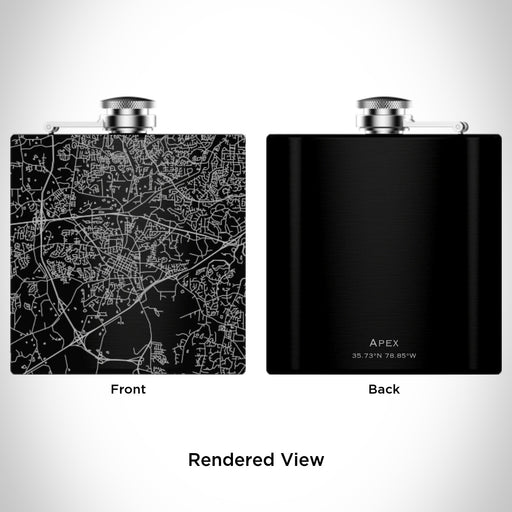 Rendered View of Apex North Carolina Map Engraving on 6oz Stainless Steel Flask in Black