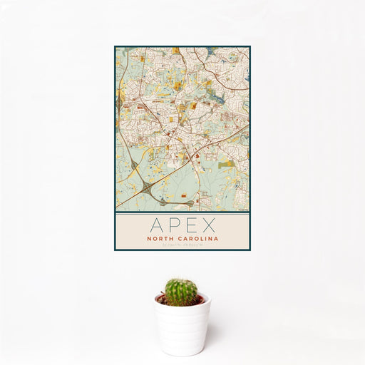 12x18 Apex North Carolina Map Print Portrait Orientation in Woodblock Style With Small Cactus Plant in White Planter