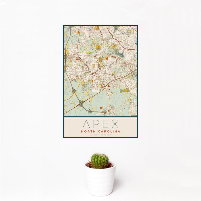 12x18 Apex North Carolina Map Print Portrait Orientation in Woodblock Style With Small Cactus Plant in White Planter