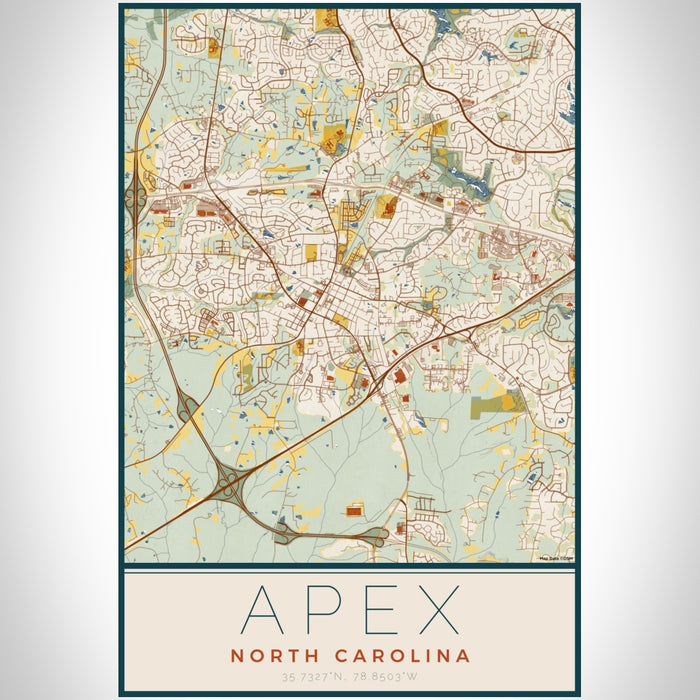 Apex North Carolina Map Print Portrait Orientation in Woodblock Style With Shaded Background