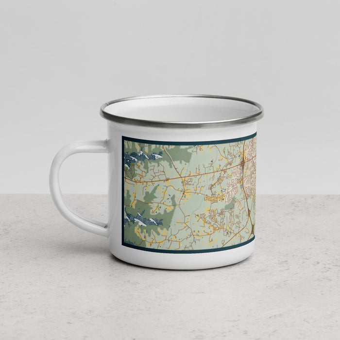 Left View Custom Apex North Carolina Map Enamel Mug in Woodblock