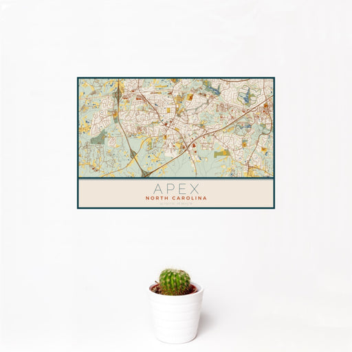 12x18 Apex North Carolina Map Print Landscape Orientation in Woodblock Style With Small Cactus Plant in White Planter