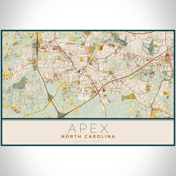 Apex North Carolina Map Print Landscape Orientation in Woodblock Style With Shaded Background