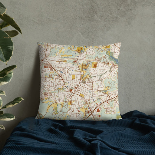 Custom Apex North Carolina Map Throw Pillow in Woodblock on Bedding Against Wall