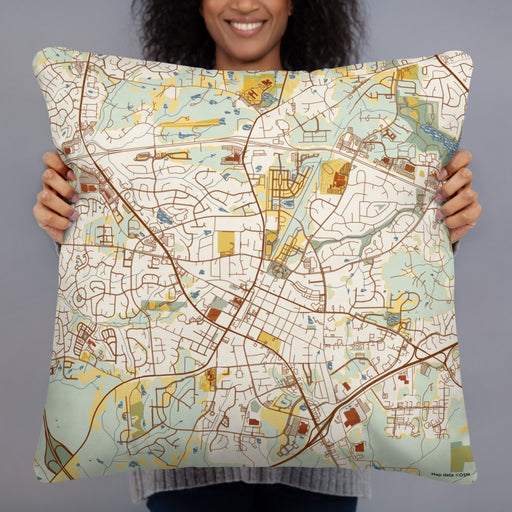 Person holding 22x22 Custom Apex North Carolina Map Throw Pillow in Woodblock