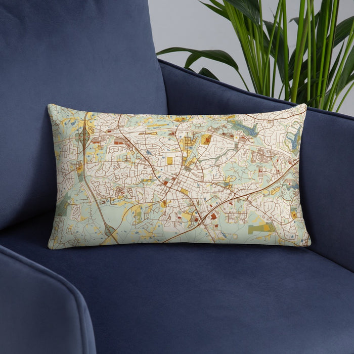 Custom Apex North Carolina Map Throw Pillow in Woodblock on Blue Colored Chair