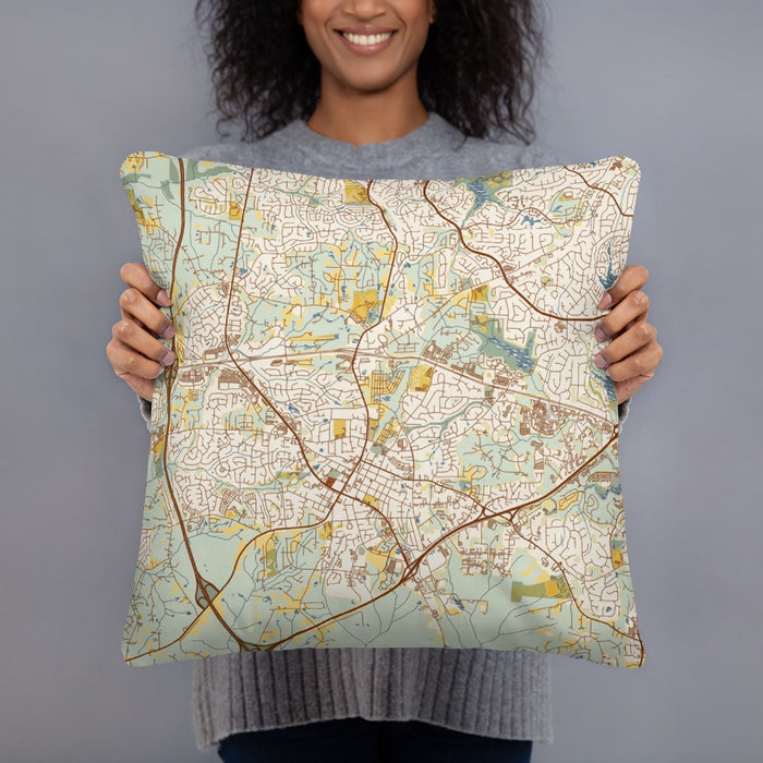 Person holding 18x18 Custom Apex North Carolina Map Throw Pillow in Woodblock
