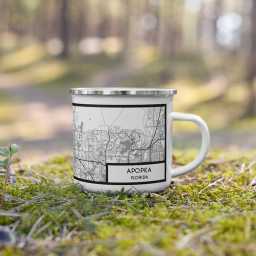 Right View Custom Apopka Florida Map Enamel Mug in Classic on Grass With Trees in Background