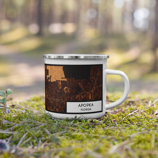 Right View Custom Apopka Florida Map Enamel Mug in Ember on Grass With Trees in Background
