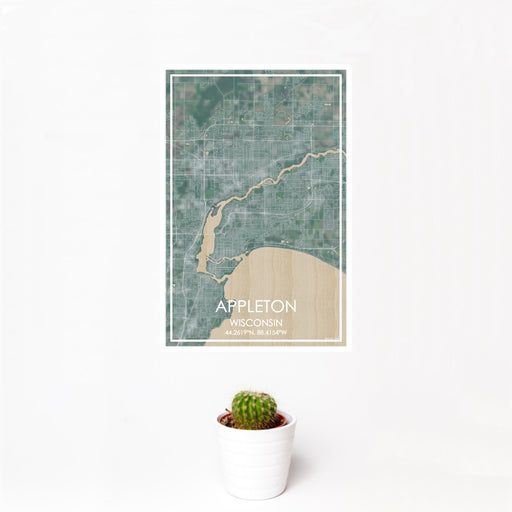 12x18 Appleton Wisconsin Map Print Portrait Orientation in Afternoon Style With Small Cactus Plant in White Planter