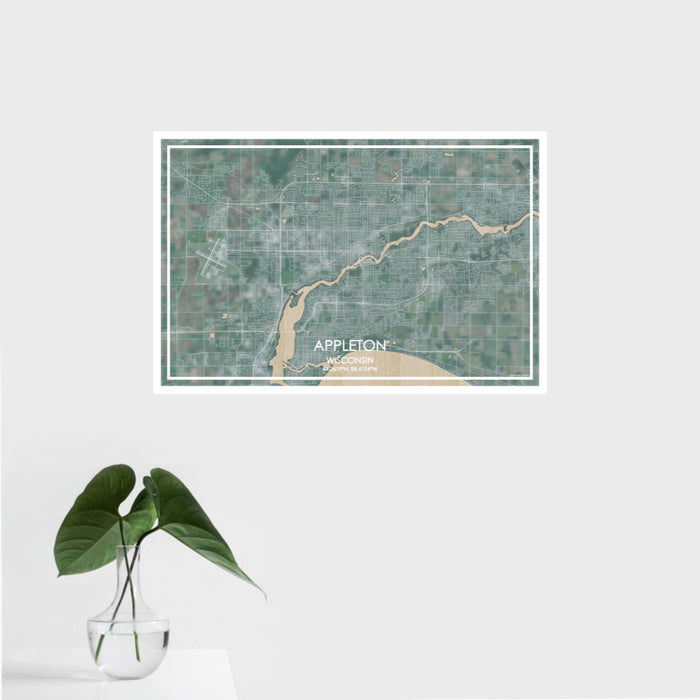 16x24 Appleton Wisconsin Map Print Landscape Orientation in Afternoon Style With Tropical Plant Leaves in Water