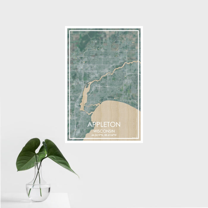 16x24 Appleton Wisconsin Map Print Portrait Orientation in Afternoon Style With Tropical Plant Leaves in Water