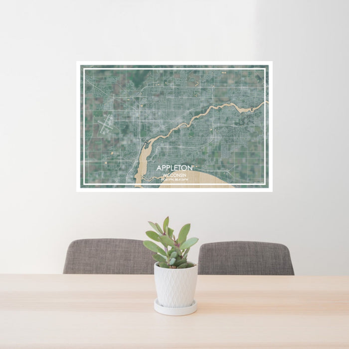 24x36 Appleton Wisconsin Map Print Lanscape Orientation in Afternoon Style Behind 2 Chairs Table and Potted Plant