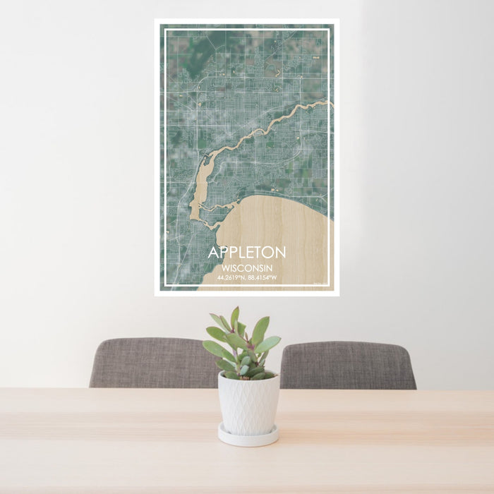 24x36 Appleton Wisconsin Map Print Portrait Orientation in Afternoon Style Behind 2 Chairs Table and Potted Plant