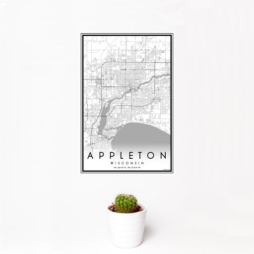 12x18 Appleton Wisconsin Map Print Portrait Orientation in Classic Style With Small Cactus Plant in White Planter