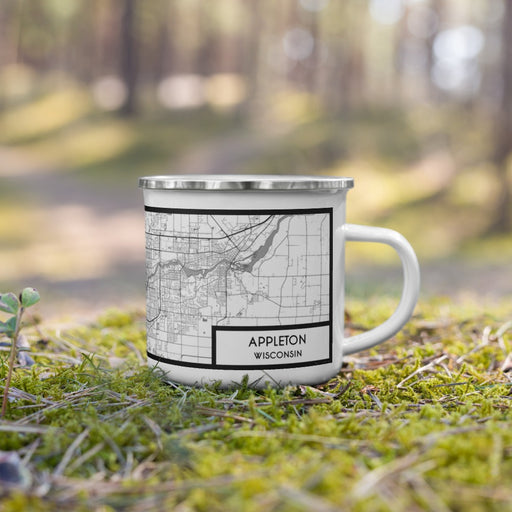 Right View Custom Appleton Wisconsin Map Enamel Mug in Classic on Grass With Trees in Background