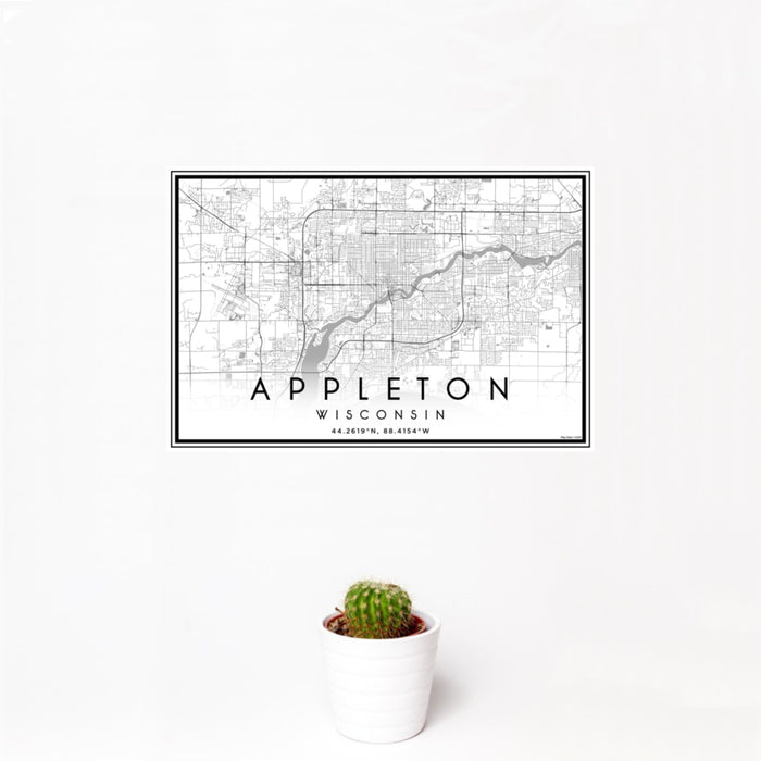 12x18 Appleton Wisconsin Map Print Landscape Orientation in Classic Style With Small Cactus Plant in White Planter
