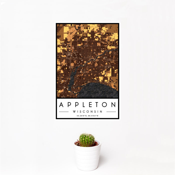 12x18 Appleton Wisconsin Map Print Portrait Orientation in Ember Style With Small Cactus Plant in White Planter
