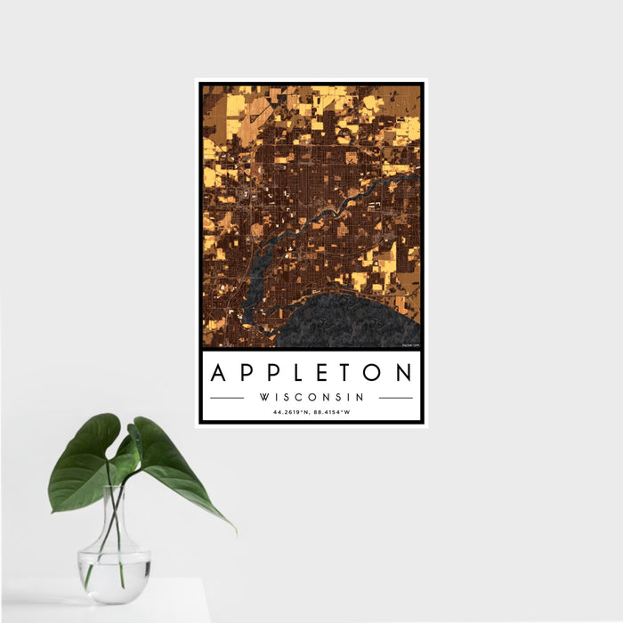 16x24 Appleton Wisconsin Map Print Portrait Orientation in Ember Style With Tropical Plant Leaves in Water