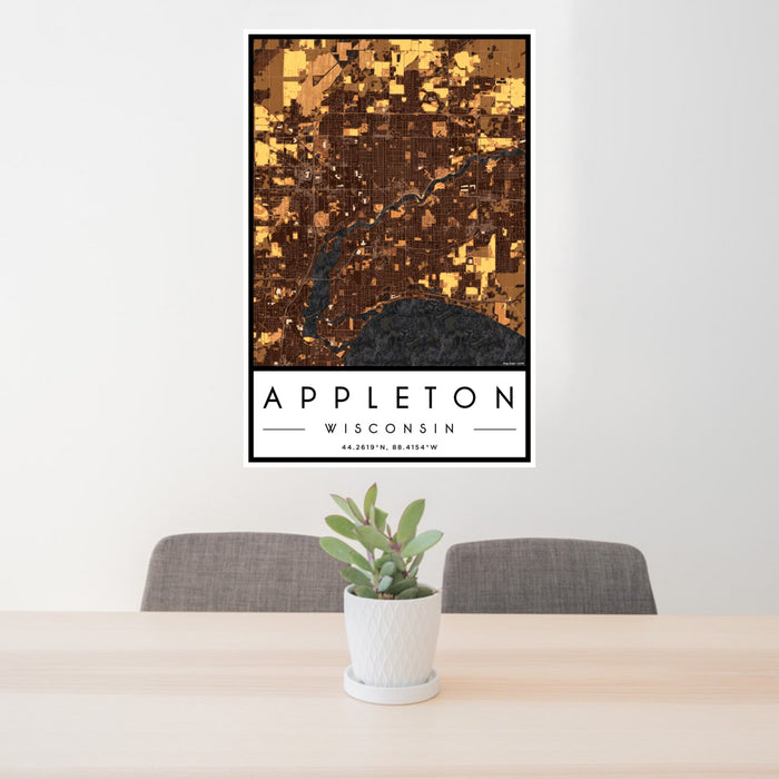24x36 Appleton Wisconsin Map Print Portrait Orientation in Ember Style Behind 2 Chairs Table and Potted Plant