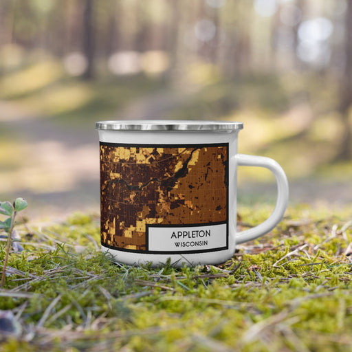 Right View Custom Appleton Wisconsin Map Enamel Mug in Ember on Grass With Trees in Background