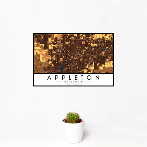 12x18 Appleton Wisconsin Map Print Landscape Orientation in Ember Style With Small Cactus Plant in White Planter