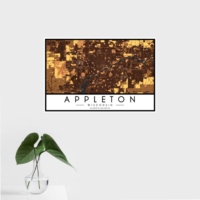 16x24 Appleton Wisconsin Map Print Landscape Orientation in Ember Style With Tropical Plant Leaves in Water