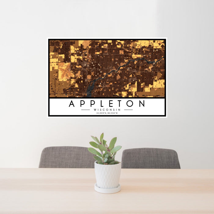 24x36 Appleton Wisconsin Map Print Landscape Orientation in Ember Style Behind 2 Chairs Table and Potted Plant