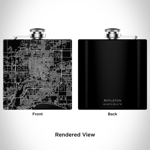 Rendered View of Appleton Wisconsin Map Engraving on 6oz Stainless Steel Flask in Black