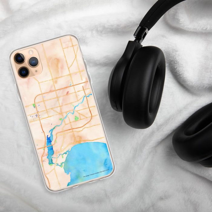 Custom Appleton Wisconsin Map Phone Case in Watercolor on Table with Black Headphones